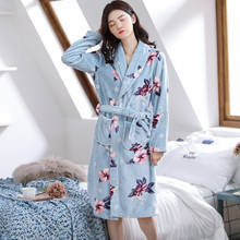 2020 New Flannel Kimono Robe Flower Printed Bathrobe Women Long Robes Sexy Sky Blue Robes Satin Bath Robe Ladies Dressing Gowns 2024 - buy cheap