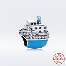 fit Europe Bracelet Original 925 Sterling Silver Blue Steamship Beads S925 White Zircon Travelling Ship Charms for DIY Jewelry 2024 - buy cheap