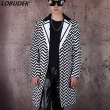Men Korean Style Long Blazer Black White Wave Striped Long Coat Tide Male Singer Nightclub Concert Streetwear Hip Hop Costume 2024 - buy cheap