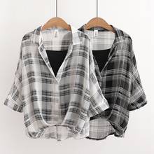 Summer chiffon plaid shirt women's blouse retro irregular loose female tops ladies fashion clothes 2021 2024 - buy cheap