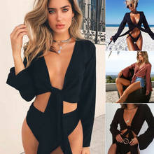 Women Ladies Casual Long Sleeve Solid Color Flare Sleeve V Neck Lace Up Bandage Beach Pink/Black Sexy Crop Top 2024 - buy cheap
