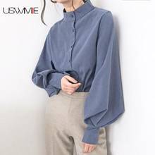 Spring Leisure Vintage Lantern Sleeve Thicken Women Shirt Blouses Single Breasted Blouse Loose Elegant Shirts Tops Blusas Mujer 2024 - buy cheap