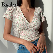 Bazaleas Cotton Crop Top Casual harajuku Floral Print tshirt Streetwear V Neck Shirts Fashion Cropped Women T-shirt 2024 - buy cheap