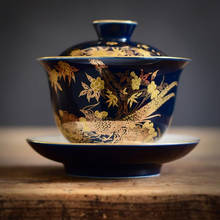 Цзиндэчжэнь ручная роспись Золото Эмаль керамика пиалы для чая Индиго глазурь Sancai Крышка Чаша кунгфу Gaiwan, чайная чашка чаша чайная посуда 2024 - купить недорого