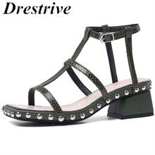 Drestrive 2020 Summer Genuine Leather Rivet Buckle Women Sandals Mid Thick Heels 5 cm Square Toe Girls Casual Shoes 2024 - buy cheap