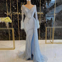 Vestido de noite com pérolas de sereia azul dubai, mangas compridas, decote em v, de luxo, vestido formal, vestido de noite, selo sereia, 2020, bla70533 2024 - compre barato