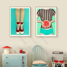 Canvas Painting and Posters Green Poster Red Watermelon Girl with Stripe Yellow Clothes and Red Shoes for Home Rooms Wall Decor 2024 - buy cheap