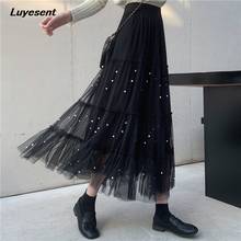 Solid Black Beige Women High Waist Long Skirt Mesh Pearl Lady Gothic A-line Skirts Harajuku Street Casual Korean Fashion Clothes 2024 - buy cheap