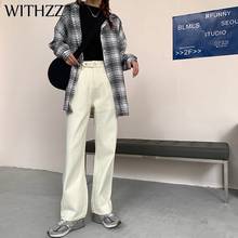 WITHZZ Autumn Winter Women's Retro High Waist Wide Leg Trousers Straight Thin Fleece  Warm Jeans 2024 - buy cheap