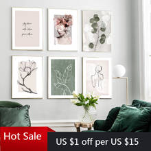Pintura en lienzo de eucalipto, hojas de lino verde, flores femeninas modernas, imágenes artísticas de pared para carteles, decoración estética de la habitación 2024 - compra barato