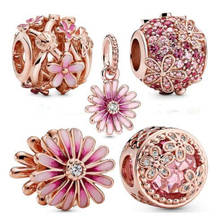 925 Sterling Silver Pink Shaded Enamel Daisy Flower Pendant Charm Bead Fit Women Pan Bracelet & Necklace Jewelry 2024 - buy cheap