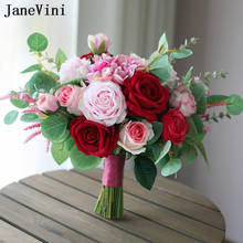 Janevini buquê de casamento artificial, elegante, rosa, vermelho, rosa, damas de honra, suporte de flores, ramos de flores damas de honra 2024 - compre barato