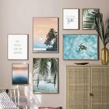 Cuadro en lienzo de paisaje de playa, hoja de palmera verde, Tortuga, citas de vida nórdica, póster, imagen artística de pared para decoración de sala de estar 2024 - compra barato