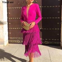 Women Dress Spring 2022 Rose Red Long Sleeves Tassels Midi Dress Fashion Date Out Deep V-Neck Sexy Patchwork Female Gown Dresses 2024 - buy cheap