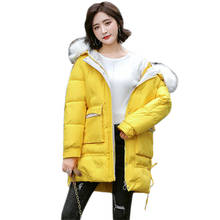 2020 casaco de inverno feminino amarelo plus size solto gola de pele branca com capuz para baixo algodão jaqueta bordados calor parkas feminino jd944 2024 - compre barato