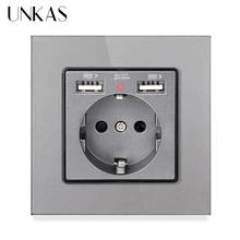 UNKAS Gray Crystal Glass Panel EU Wall Power Socket With Dual USB Port Grounded 16A Hidden Soft LED Indicator Electrical Outlet 2024 - buy cheap