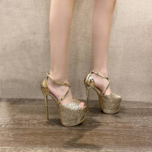 Sapato feminino salto alto alto stiletto 16cm dourado 2021, calçado feminino estilo retrô com lantejoulas, salto preto 2024 - compre barato