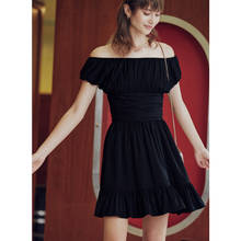 AEL новая женская мода элегантность мини-платье черное с вырезом лодочкой гофрированный стиль с открытыми плечами праздничные платья для отдыха 2024 - купить недорого