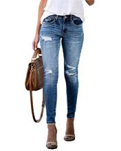 2020 nova meados de cintura magro primavera rasgado jeans mulher vintage afligido calças jeans buracos lápis calças femme casual jean 2024 - compre barato
