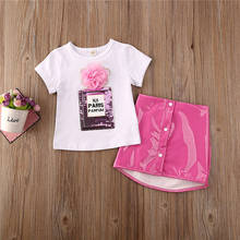 Бесплатная доставка, милая детская одежда для маленьких девочек 3D пуловер в цветочек, с блестками, с круглым вырезом, футболки кожаные однотонные юбки на пуговицах, 2 предмета 2024 - купить недорого