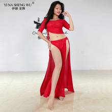 Novo trajes feminino para dança do ventre, conjunto com 2 peças, top sexy com contas, saia longa dividida, roupa de treinamento feminina oriental 2024 - compre barato