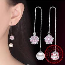925 Sterling Silver Pink Crystal Micro Zirconia Cherry Blossom Flower Pearl Tassel Earrings For Women Girl brincos S-E567 2024 - buy cheap