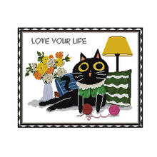 Vida amorosa gato preto ponto cruz kit padrão animal bordado chinês 11ct 14ct kit de costura costura decoração para casa pintura 2024 - compre barato