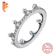 BELAWANG-Anillo de Plata de Ley 925 para mujer, sortija redonda con forma de corona apilable romántica, piedra de circonia cúbica transparente, joyería de plata de boda 2024 - compra barato