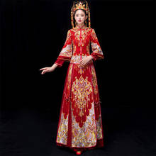 Vestido de noiva vermelho, plus size, 5xl, 6xl, tradicional, feminino, bordado, cheongsam, longo, qipao, vestido de casamento chinês 2024 - compre barato