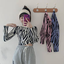 Suéter feminino com estampa zebra, blusa feminina curta com cintura alta, gola redonda, camiseta de manga comprida 2024 - compre barato