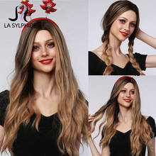 La Sylphide Long Natural Wavy Root Black Ombre Brown Wig with Highlight Middle Part Synthetic Wig for Women Daily Use Wigs 2024 - buy cheap