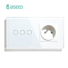 BSEED Touch Light Switch 3 Gang 1 Way With FR Wall Socket White Black Gold Wall Sensor Switch Crystal Glass Panel Home 2024 - buy cheap