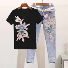 Nova mulher ternos 2021 verão camiseta bordado talão curto-mangas compridas topos tamanho grande buraco jeans feminino chique solto duas peças terno 2024 - compre barato