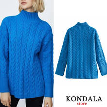 Kondala suéter feminino gola alta, casual torcido inverno grosso pulôveres longos feminino liso tops azuis chique 2024 - compre barato