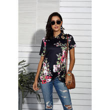 CINESSD Women Floral Print Tops Tshirt Round Neck Short Sleeves Knotted Spring Summer 2020 Black Lightweight Casual Tee Shirts 2024 - buy cheap