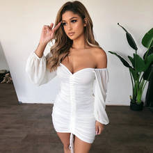 Off Shoulder Summer White Dress Sexy Long Sleeve Backless Club Party Dresses Mesh Pleated Bodycon Mini Dress Vestidos 2024 - buy cheap