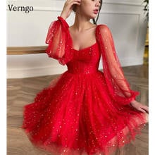 Verngo-vestido de noche de tul con mangas largas, ropa de fiesta, línea A, para baile de graduación, fiesta de bienvenida, color rojo brillante, 2021 2024 - compra barato