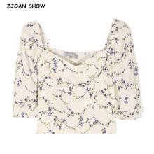 2021 Spring Women harajuku Square Collar Shirt France Style Retro Elastic Ruched Floral Print Half Sleeve Slim Fit Blouse Tops 2024 - buy cheap