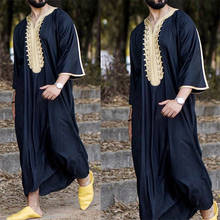 Conjunto de caftán musulmán de Ramadán para hombre, camisa Qamis juvenil, holgada, informal, con cuello en V, Color sólido, ropa islámica, novedad de 2021 2024 - compra barato