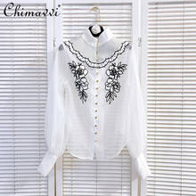2021 New Spring Women Stand Collar Retro Single-breasted Mesh Stitching Embroidery White and Black Lantern Sleeve Shirt Blouses 2024 - buy cheap