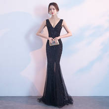 Vestido formal de sereia preto, sexy, para noite, alta qualidade, com decote em v, lantejoulas, vestido de baile dividido, 2020 2024 - compre barato