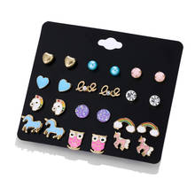LUXSHINE 12 Pairs/lot Cute Kids Stud Earring Set Lovely Unicorn Licorne Rainbow Owl Love Ear Studs Children's Day Gift Jewellery 2024 - buy cheap