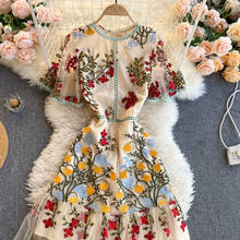 Amolapha primavera feminina cintura alta doce flare shor manga vintage floral bordado festa malha vestido feminino novo 2024 - compre barato
