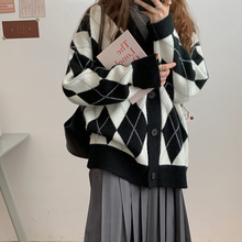 Кардиган женский трикотажный в стиле оверсайз, свободный однобортный свитер с узором ромбиками, с V-образным вырезом, в Корейском стиле, для студентов 2024 - купить недорого