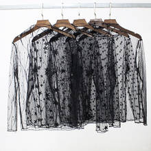 Blusa elegante de renda blusa feminina, camisa transparente manga longa com estampa de ponto estrela de malha para outono inverno 2024 - compre barato