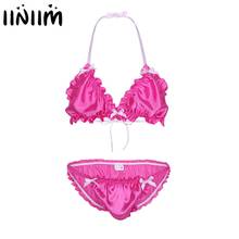 Men Erotic Bowknot Ruffled Frilly Shiny Sissy Lingerie Set Strappy Halter Backless Bikini Bra Top with Low Rise Briefs Underwear 2024 - buy cheap