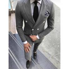 Серый полосатый двубортный Классический мужской костюм из 2 предметов, приталенный мужской свадебный костюм, блейзер, смокинг жениха, пиджак с брюками, комплект 2024 - купить недорого