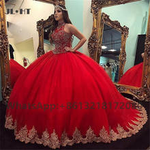 Red Ball Gown Quinceanera Dresses With Gold Appliques Beads Crystals Sheer Neck Sleeveless Sweet 16 Dress Pagenat 2024 - buy cheap