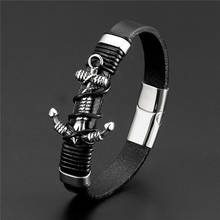 Pulseira de corda de aço inoxidável, bracelete de couro genuíno masculino, joias populares de âncora, 2020 2024 - compre barato