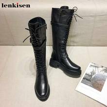 Lenkisen brand knight boots genuine leather med heels round toe buckle straps lace up winter women warm thigh high boots L35 2024 - buy cheap